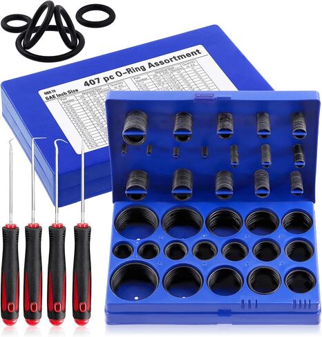 Glarks 411 قطعة 32 مقاسًا SAE Universal O-Ring Kit متنوعة بما في ذلك 407 قطعة من مطاط النتريل NBR O-Ring و4 قطع اختيار وخطافات لإصلاح السباكة، وصلات إغلاق الهواء أو الغاز in Saudi Arabia