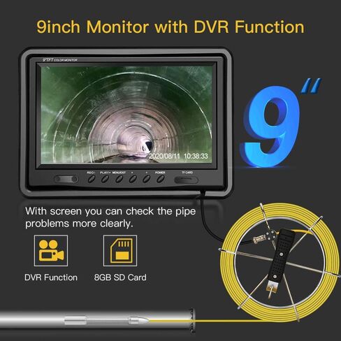 Eyoyo 100ft Pipe Inspection Camera with 9 Inch LCD Monitor, 30M Drain Sewer Camera Industrial Endoscope Video Plumbing System 1000TVL DVR Recorder Pipeline Snake Cam with 8GB SD Card in Saudi Arabia
