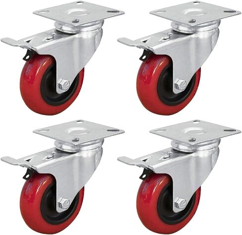 بورتيك, احمر، 17004-P4 قفل مزدوج دوار 4 انش، قدرة تحمل 260 باوند، عجلة عجلات من البولي يوريثين، 4 قطع in Kuwait
