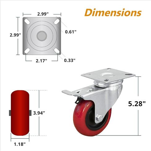 بورتيك, احمر، 17004-P4 قفل مزدوج دوار 4 انش، قدرة تحمل 260 باوند، عجلة عجلات من البولي يوريثين، 4 قطع in Kuwait