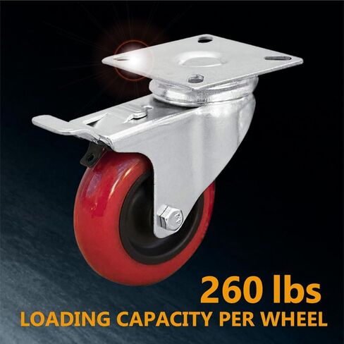 بورتيك, احمر، 17004-P4 قفل مزدوج دوار 4 انش، قدرة تحمل 260 باوند، عجلة عجلات من البولي يوريثين، 4 قطع in Kuwait