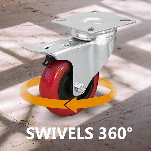 بورتيك, احمر، 17004-P4 قفل مزدوج دوار 4 انش، قدرة تحمل 260 باوند، عجلة عجلات من البولي يوريثين، 4 قطع in Kuwait