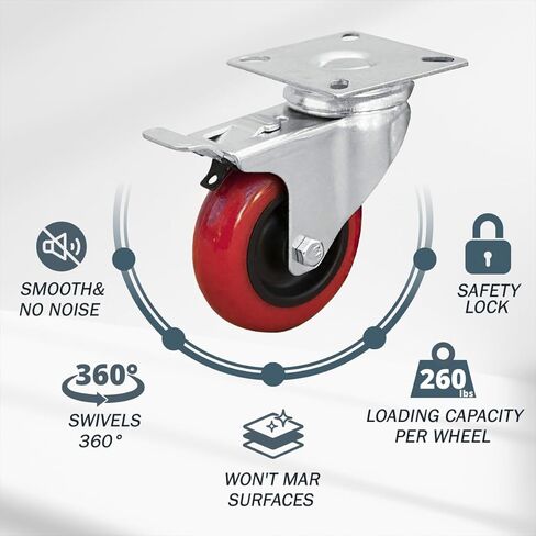بورتيك, احمر، 17004-P4 قفل مزدوج دوار 4 انش، قدرة تحمل 260 باوند، عجلة عجلات من البولي يوريثين، 4 قطع in Kuwait