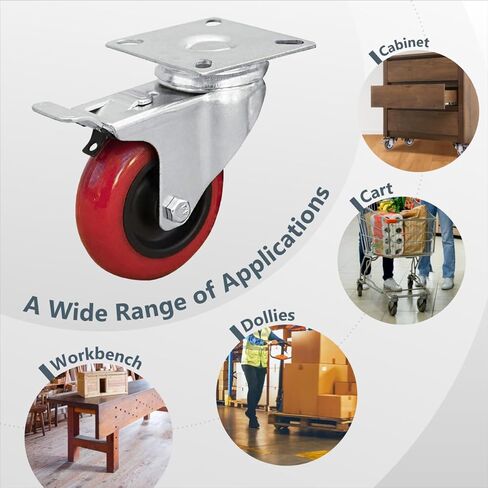 بورتيك, احمر، 17004-P4 قفل مزدوج دوار 4 انش، قدرة تحمل 260 باوند، عجلة عجلات من البولي يوريثين، 4 قطع in Kuwait