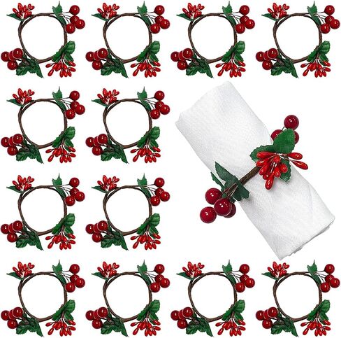 طقم خواتم المناديل من HAOYPAIC مكون من 12، حوامل لحلقة المناديل الريفية مصنوعة يدويًا التوت الأحمر لتزيين الطاولة لحفلات الزفاف والكريسماس وعيد الشكر والعام الجديد وعيد الحب والولائم وأعياد الميلاد in Kuwait