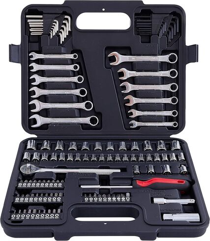 120 Piece Socket Tool Set, 1/2, 3/8 and 1/4 Inch Drive SAE & Metric Size, Black, Alloy Steel in Kuwait
