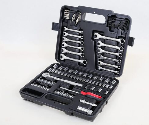 120 Piece Socket Tool Set, 1/2, 3/8 and 1/4 Inch Drive SAE & Metric Size, Black, Alloy Steel in Kuwait
