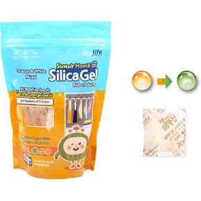 🔆 Sunny Home Premium Silica gel 10g-50p /Mix Type-B 90% White + 10% Orange Indicating (Orange to Dark Green) (Food Grade)/Keeping Food, Razors, Electroinics, Fabric and Accessory/For storage/Removing odor in Gym bag or shose/ Rechargeable Desiccant/Moistu