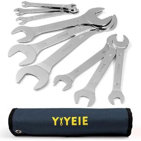 YIYEIE Super-Thin Open End Wrench Set, 10-Piece Metric, 5.5, 7, 8, 9, 10, 11, 12, 13, 14, 15, 16, 17, 18, 19, 20, 21, 22, 23, 24, 27 mm, Nickel Coating, CR-V Steel, Slim Wrench with Rolling Pouch
