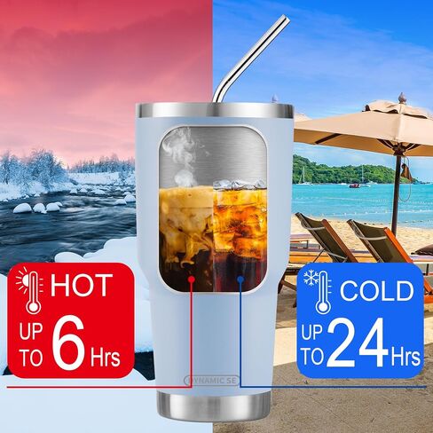 كوب أزرق معزول بجدار مزدوج من الفولاذ المقاوم للصدأ سعة 30 أونصة مع قش وغطاء، فرشاة تنظيف للمشروبات الباردة والساخنة in Kuwait