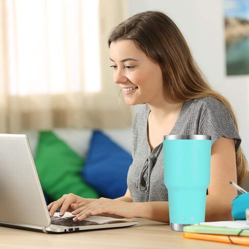كوب أزرق معزول بجدار مزدوج من الفولاذ المقاوم للصدأ سعة 30 أونصة مع قش وغطاء، فرشاة تنظيف للمشروبات الباردة والساخنة in Kuwait
