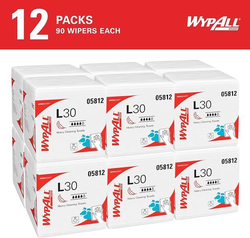 WypAll® GeneralClean™ L30 Heavy Duty Cleaning Towels (05812), Quarterfold, Strong and Soft Towels, White (90 Sheets/Pack, 12 Packs/Case, 1,080 Sheets/Case) in Saudi Arabia