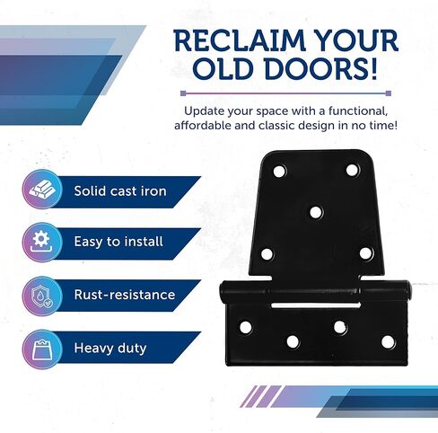 Heavy Duty Hinges for Gates (6 Pack) – Black Iron Tee Strap Black Door Hinges w/ 54 Stainless Steel Screws – Sturdy, Easy to Install Fence Gate Kit for Outdoor, Indoor - Self Closing Gate Hinges in Saudi Arabia