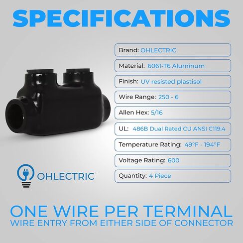 OhLectric Black Insulated Inline Splice Connector, Wire Range 250-6, Allen Hex 5/16, Rubber Vinyl Coated Prefilled w/Oxide Inhibitor Easy Entry 4.13" x 1.3" x 2.14", 2 Set Screws (Pack of 4) OL-73138 in Saudi Arabia