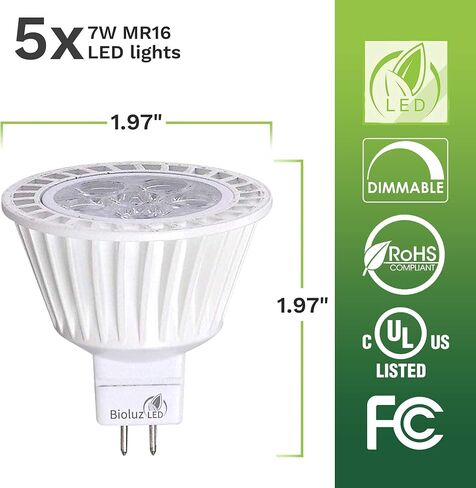 5 عبوات Bioluz LED MR16 50W هالوجين مكافئ عكس الضوء 7W 3000K 12v UL مدرج in Kuwait