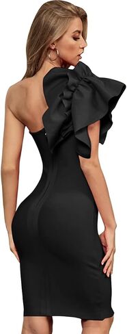 UONBOX Women's Ruffle One Shoulder Bodycon Dress Knee Length Party Club Bandage Dress Black L in Saudi Arabia