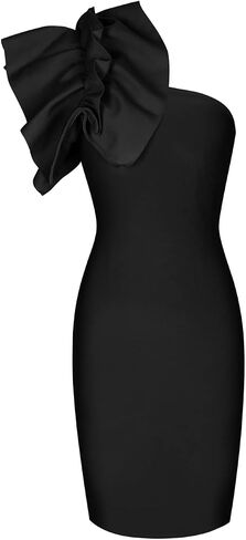 UONBOX Women's Ruffle One Shoulder Bodycon Dress Knee Length Party Club Bandage Dress Black L in Saudi Arabia