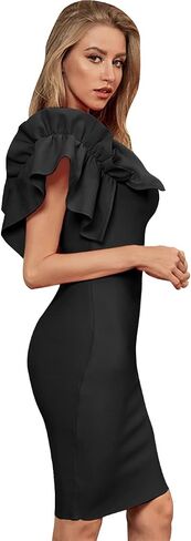 UONBOX Women's Ruffle One Shoulder Bodycon Dress Knee Length Party Club Bandage Dress Black L in Saudi Arabia