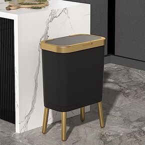 سلة مهملات المطبخ من أورالفا مع غطاء، سلة قمامة رفيعة، سلة مهملات الحمام السوداء بحافة ذهبية، سلة قمامة حديثة، سلة قمامة بلاستيكية لغرفة النوم، غرفة المعيشة، المرحاض والمكتب، 4 جالون in Kuwait