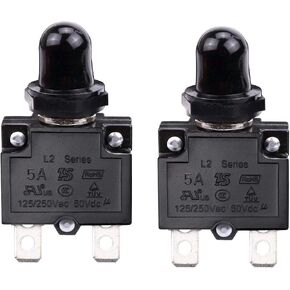 RKURCK 5 Amps Push Button Circuit Breakers, AC 125/250V DC 50V Thermal Overload Protector with Quick Connect Terminals and Waterproof Button Black Cap, Manual Reset Thermal Circuit Breaker 5A(2 Pcs） in Kuwait