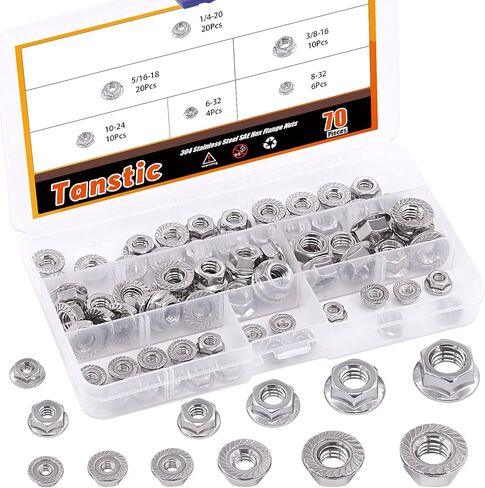 Tanstic 70 قطعة 1/4-20 5/16-18 3/8-16 10-24 8-32 6-32 شفة من الفولاذ المقاوم للصدأ عرافة قفل المكسرات مجموعة متنوعة in Kuwait