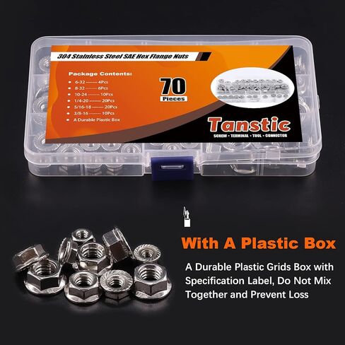 Tanstic 70 قطعة 1/4-20 5/16-18 3/8-16 10-24 8-32 6-32 شفة من الفولاذ المقاوم للصدأ عرافة قفل المكسرات مجموعة متنوعة in Kuwait