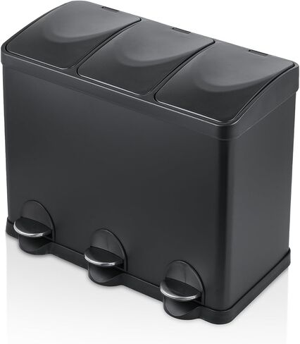 MoNiBloom 3-Compartment Step Trash Can with Soft-Close Lid for Kitchen Bathroom Bedroom Living Room Home Office Dorm Rectangular Fingerprint-Proof Foot Pedal Garbage Bin Black 45-Liter in Saudi Arabia