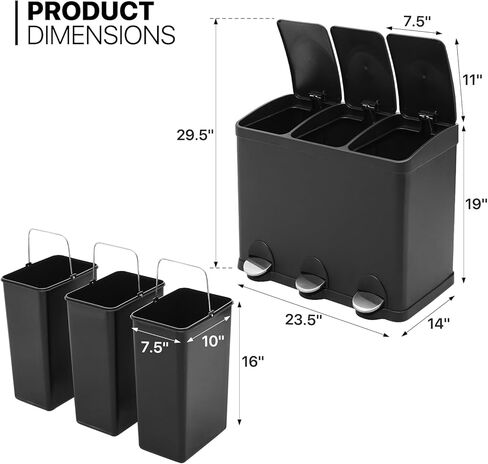 MoNiBloom 3-Compartment Step Trash Can with Soft-Close Lid for Kitchen Bathroom Bedroom Living Room Home Office Dorm Rectangular Fingerprint-Proof Foot Pedal Garbage Bin Black 45-Liter in Saudi Arabia