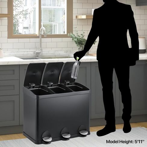 MoNiBloom 3-Compartment Step Trash Can with Soft-Close Lid for Kitchen Bathroom Bedroom Living Room Home Office Dorm Rectangular Fingerprint-Proof Foot Pedal Garbage Bin Black 45-Liter in Saudi Arabia