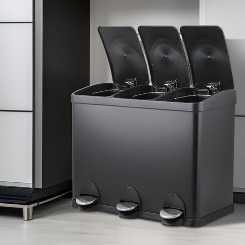 MoNiBloom 3-Compartment Step Trash Can with Soft-Close Lid for Kitchen Bathroom Bedroom Living Room Home Office Dorm Rectangular Fingerprint-Proof Foot Pedal Garbage Bin Black 45-Liter in Saudi Arabia