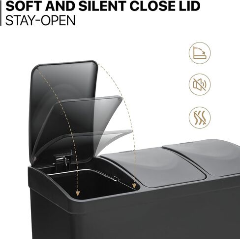 MoNiBloom 3-Compartment Step Trash Can with Soft-Close Lid for Kitchen Bathroom Bedroom Living Room Home Office Dorm Rectangular Fingerprint-Proof Foot Pedal Garbage Bin Black 45-Liter in Saudi Arabia