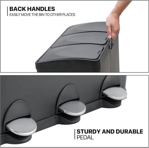 MoNiBloom 3-Compartment Step Trash Can with Soft-Close Lid for Kitchen Bathroom Bedroom Living Room Home Office Dorm Rectangular Fingerprint-Proof Foot Pedal Garbage Bin Black 45-Liter in Saudi Arabia