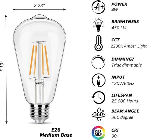 Dimmable LED Edison Bulbs 40 Watts Equivalent, 4 Watt LED Filament Bulb, 2200K Amber Light ST19 Light Bulb, 450LM E26 Vintage LED Bulbs for Light Fixtures 12 Pack in Kuwait