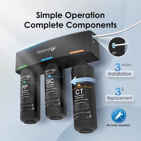 Waterdrop TSB 3-Stage High Capacity Under Sink Water Filter, Reduces PFAS, PFOA/PFOS, Fluoride, Chlorine, Bad Taste & Odor, with Dedicated Faucet, NSF/ANSI 42 Certified Element, USA Tech in Saudi Arabia