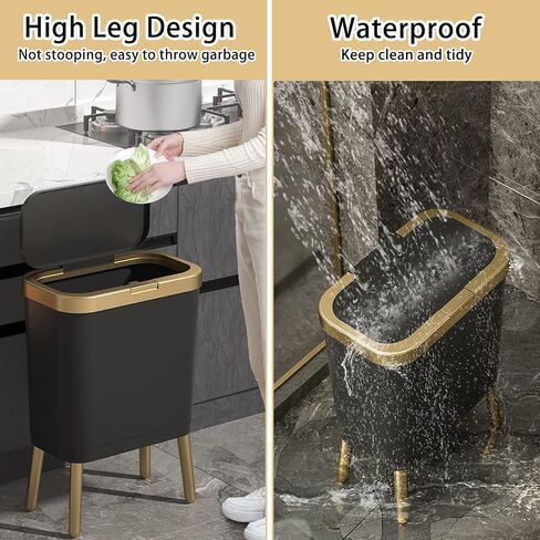 سلة مهملات المطبخ من أورالفا مع غطاء، سلة قمامة رفيعة، سلة مهملات الحمام السوداء بحافة ذهبية، سلة قمامة حديثة، سلة قمامة بلاستيكية لغرفة النوم، غرفة المعيشة، المرحاض والمكتب، 4 جالون in Kuwait