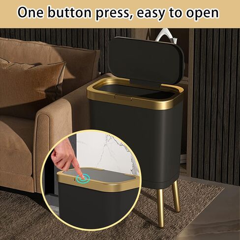 سلة مهملات المطبخ من أورالفا مع غطاء، سلة قمامة رفيعة، سلة مهملات الحمام السوداء بحافة ذهبية، سلة قمامة حديثة، سلة قمامة بلاستيكية لغرفة النوم، غرفة المعيشة، المرحاض والمكتب، 4 جالون in Kuwait
