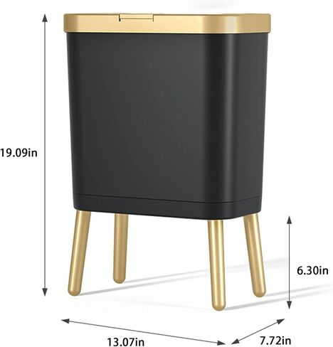 سلة مهملات المطبخ من أورالفا مع غطاء، سلة قمامة رفيعة، سلة مهملات الحمام السوداء بحافة ذهبية، سلة قمامة حديثة، سلة قمامة بلاستيكية لغرفة النوم، غرفة المعيشة، المرحاض والمكتب، 4 جالون in Kuwait