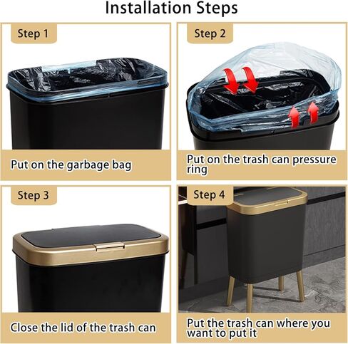 سلة مهملات المطبخ من أورالفا مع غطاء، سلة قمامة رفيعة، سلة مهملات الحمام السوداء بحافة ذهبية، سلة قمامة حديثة، سلة قمامة بلاستيكية لغرفة النوم، غرفة المعيشة، المرحاض والمكتب، 4 جالون in Kuwait