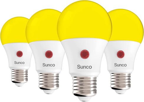 Sunco 4 Pack LED Bug Light Bulbs Outdoor A19 Yellow Dusk to Dawn Bug Light for Porch 9W Auto On/Off, Photocell Sensor, 2000K Amber Glow, E26 Base, Patio, Deck, Backyard UL Listed in Saudi Arabia