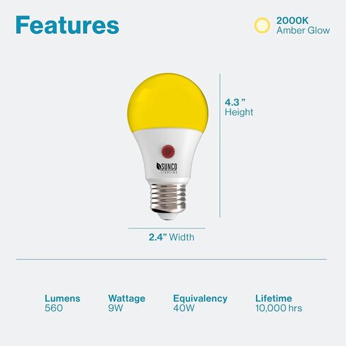 Sunco 4 Pack LED Bug Light Bulbs Outdoor A19 Yellow Dusk to Dawn Bug Light for Porch 9W Auto On/Off, Photocell Sensor, 2000K Amber Glow, E26 Base, Patio, Deck, Backyard UL Listed in Saudi Arabia