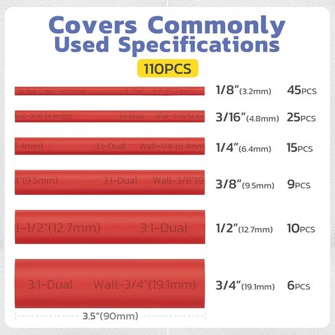 haisstronica 220pcs 3:1 Heat Shrink Tubing, Adhesive Lined Marine Grade Heat Shrink Tube - 1.75" Length 6Size Perfect for Home,Automotive,and Industrial, 1/8"-3/4" (Black/Red) in Kuwait