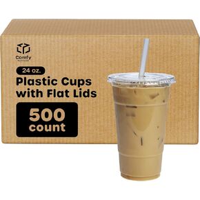 حزمة مريحة [50 قطعة] 24 أونصة. أكواب بلاستيكية شفافة ذات أغطية مسطحة in Kuwait