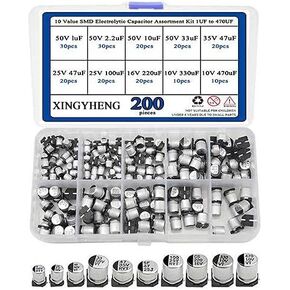 XINGYHENG 200 قطعة 10 قيمة SMD مجموعة متنوعة من المكثفات الإلكتروليتية 1 فائق التوهج إلى 470 فائق التوهج (مكثف كهربائي من الألومنيوم مع صندوق بلاستيكي) in Kuwait