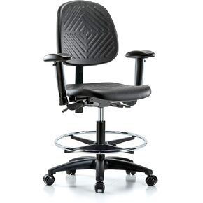 LabTech Seating LT43792 Medium Bench Chair, Polyurethane, Medium Back Nylon Base - Arms, Chrome Foot Ring, Casters in Kuwait