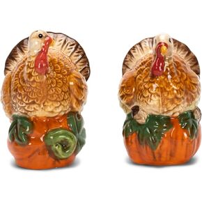 Nat & Jules Turkey atop a Pumpkin 3 x 2 Inch Ceramic Salt and Pepper Shakers: Perfect for Thanksgiving & Indoor Fall Décor - Set of 2, Full Color