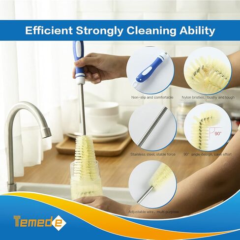 فرشاة زجاجة تيميدي بمقبض فولاذي طويل 16.5 بوصة منظف أكواب الماء، فرشاة تنظيف مرنة لتنظيف المطبخ المنزلي وغسل زجاجات الأطفال والزجاجات الرياضية والأواني الزجاجية والأكواب وجرة الطعام والأكواب أو أدوات النبيذ in Kuwait