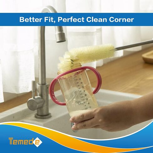 فرشاة زجاجة تيميدي بمقبض فولاذي طويل 16.5 بوصة منظف أكواب الماء، فرشاة تنظيف مرنة لتنظيف المطبخ المنزلي وغسل زجاجات الأطفال والزجاجات الرياضية والأواني الزجاجية والأكواب وجرة الطعام والأكواب أو أدوات النبيذ in Kuwait