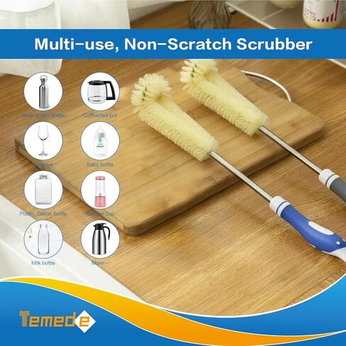 فرشاة زجاجة تيميدي بمقبض فولاذي طويل 16.5 بوصة منظف أكواب الماء، فرشاة تنظيف مرنة لتنظيف المطبخ المنزلي وغسل زجاجات الأطفال والزجاجات الرياضية والأواني الزجاجية والأكواب وجرة الطعام والأكواب أو أدوات النبيذ in Kuwait