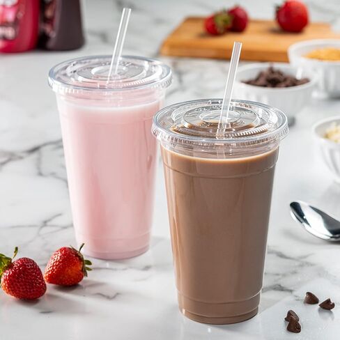 حزمة مريحة [50 قطعة] 24 أونصة. أكواب بلاستيكية شفافة ذات أغطية مسطحة in Kuwait