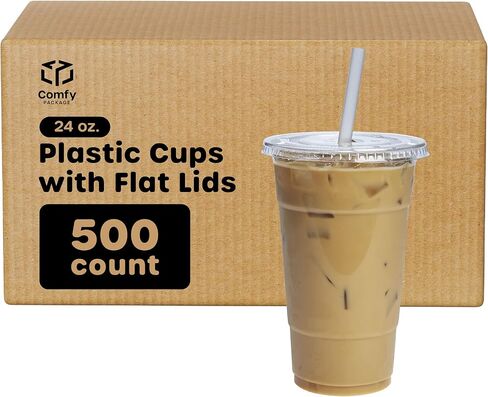 حزمة مريحة [50 قطعة] 24 أونصة. أكواب بلاستيكية شفافة ذات أغطية مسطحة in Kuwait